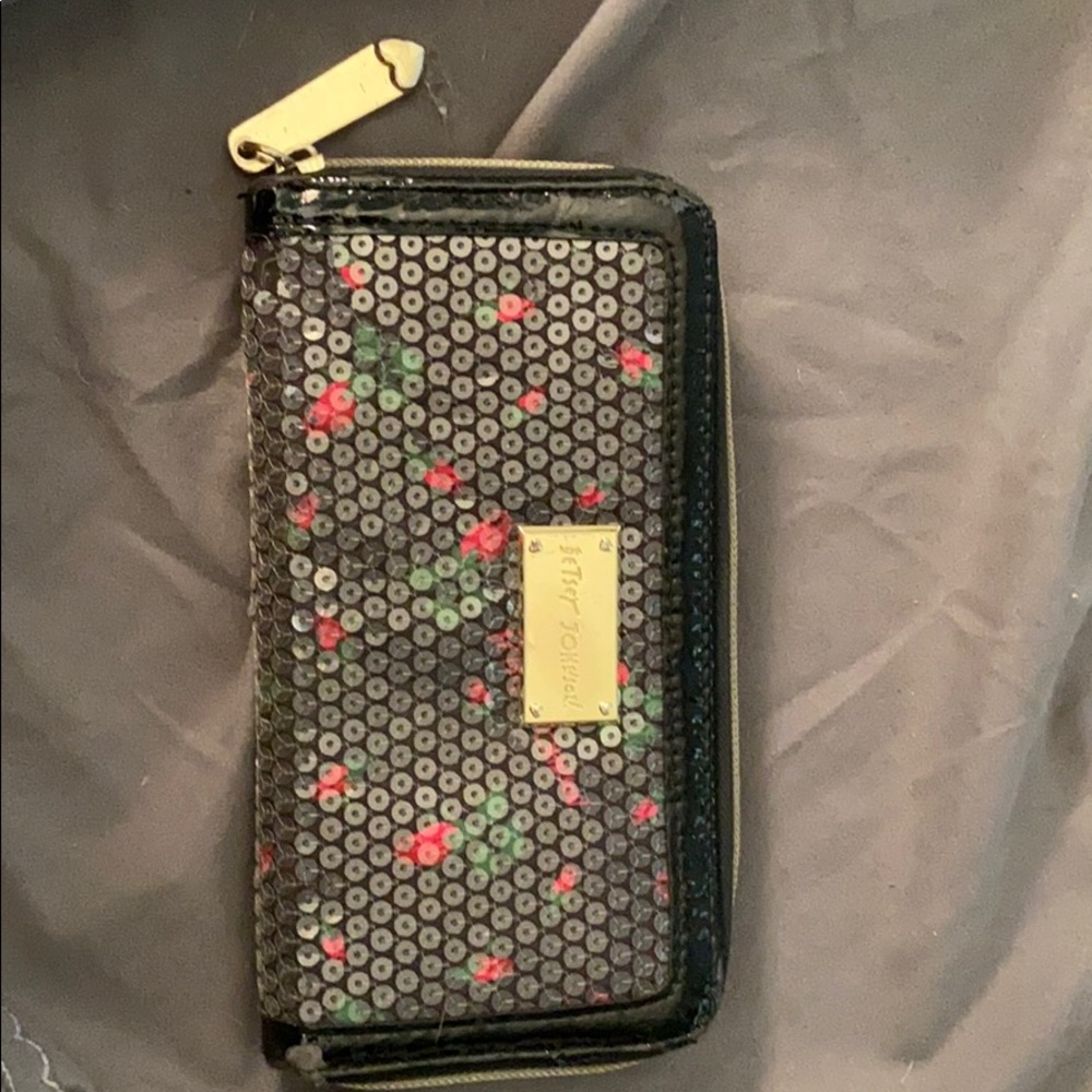 Betsy Johnson Black and Roses Zip-around Wallet